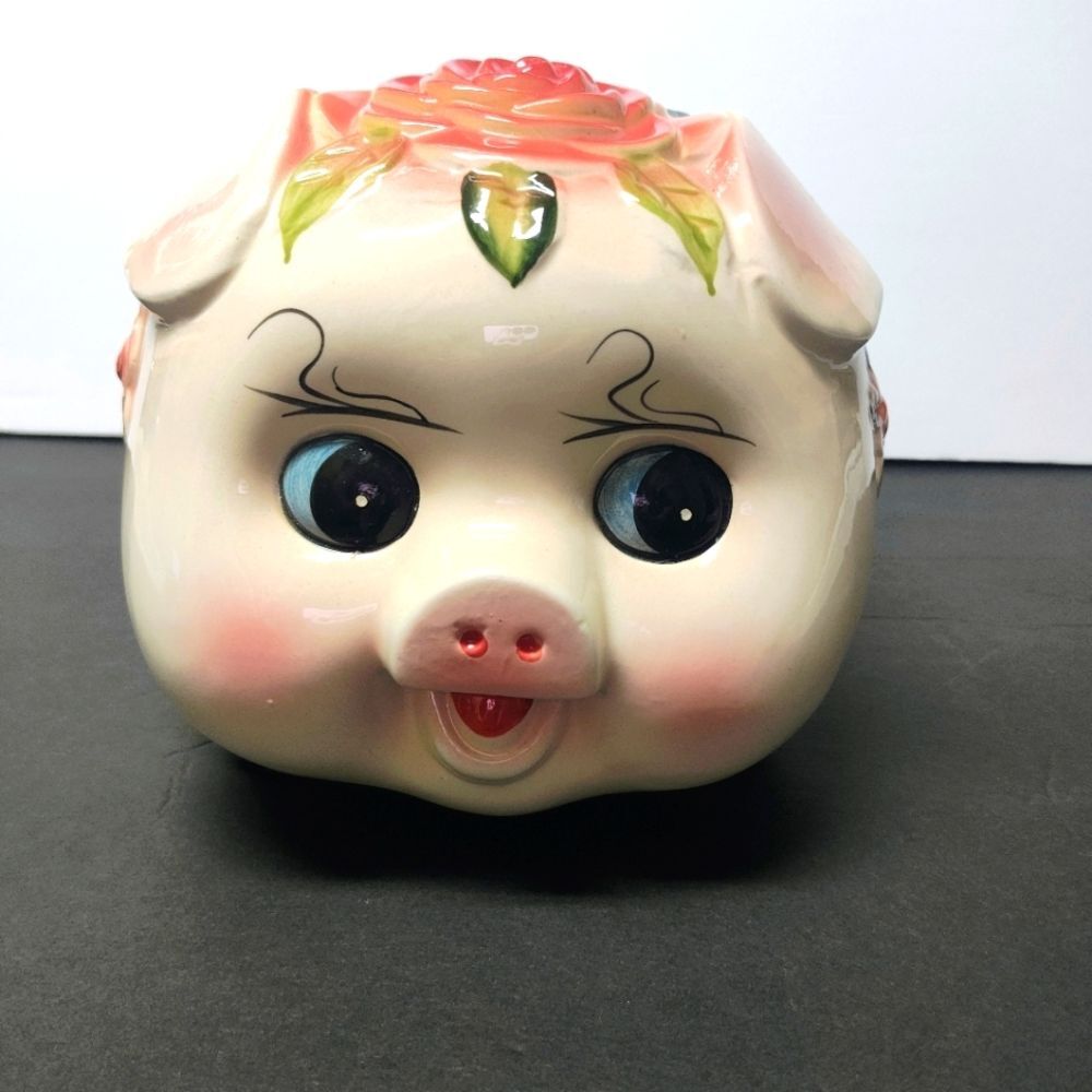 Piggy Bank Kitschy Cute Floral Big Eyed and slightly angry little Pink Pig